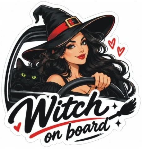 Наклейка вінілова WITCH ON BOARD Відьма за кермом (16.5х15.5 см)